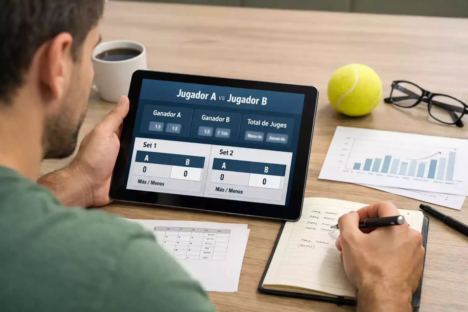 Aficionado viendo partido de tenis en tablet mientras consulta estadísticas