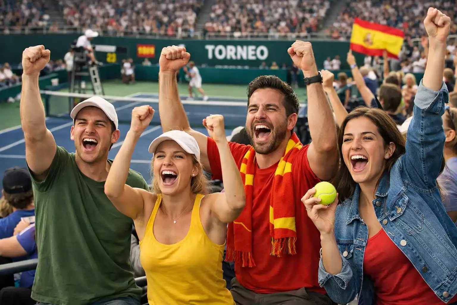 Aficionados celebrando en grada de torneo de tenis