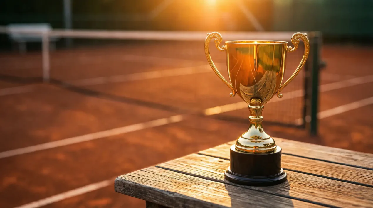 Trofeo de tenis sobre una pista de tierra batida iluminada al atardecer