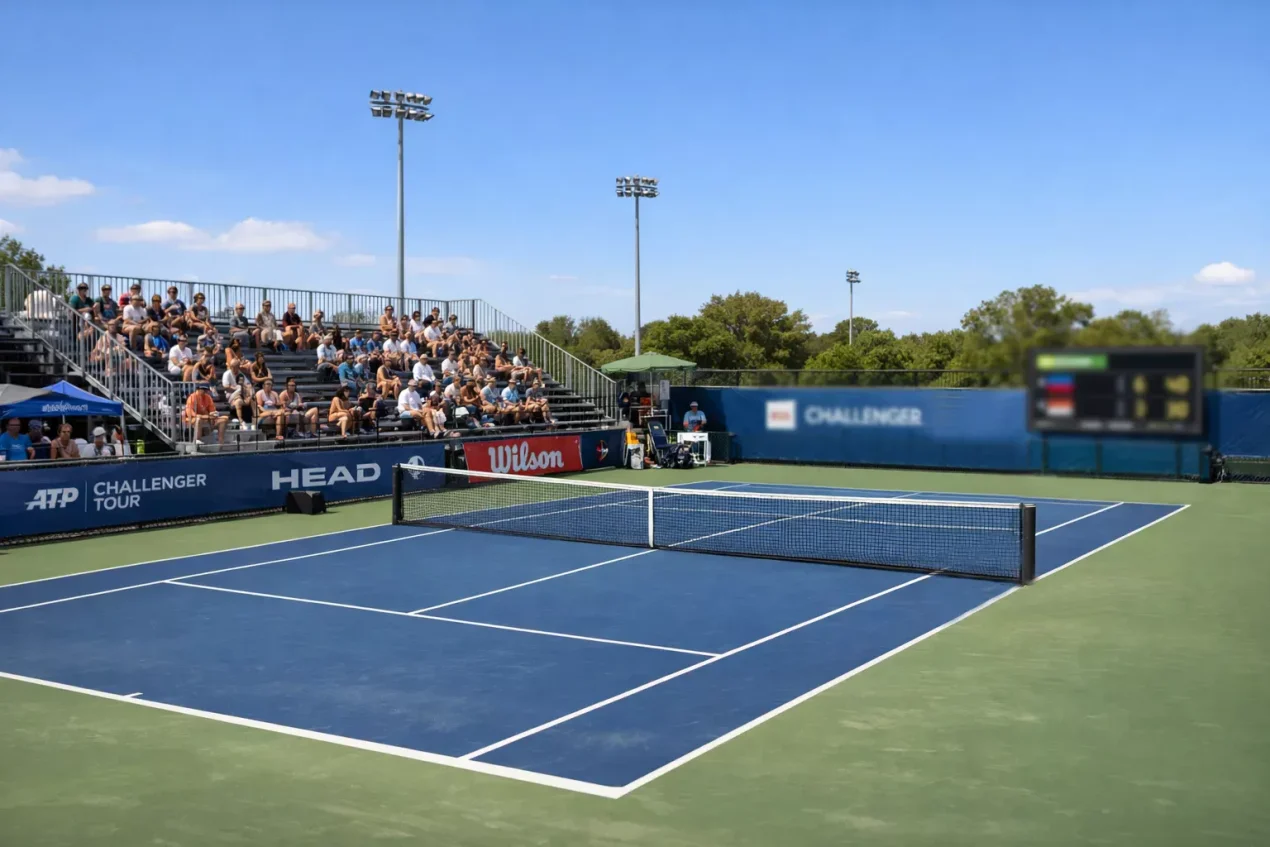 Pequeña pista de tenis de un torneo Challenger con gradas modestas y pocos espectadores