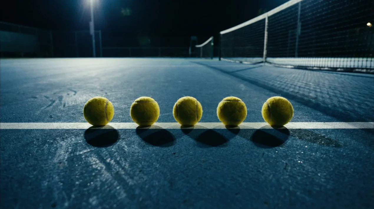 Varias pelotas de tenis alineadas sobre una pista dura bajo focos nocturnos