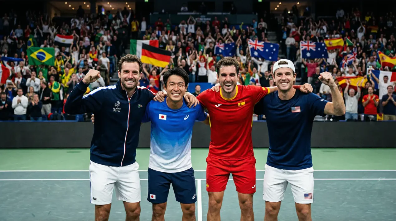 Equipo de tenis celebrando una victoria en Copa Davis con banderas en la grada