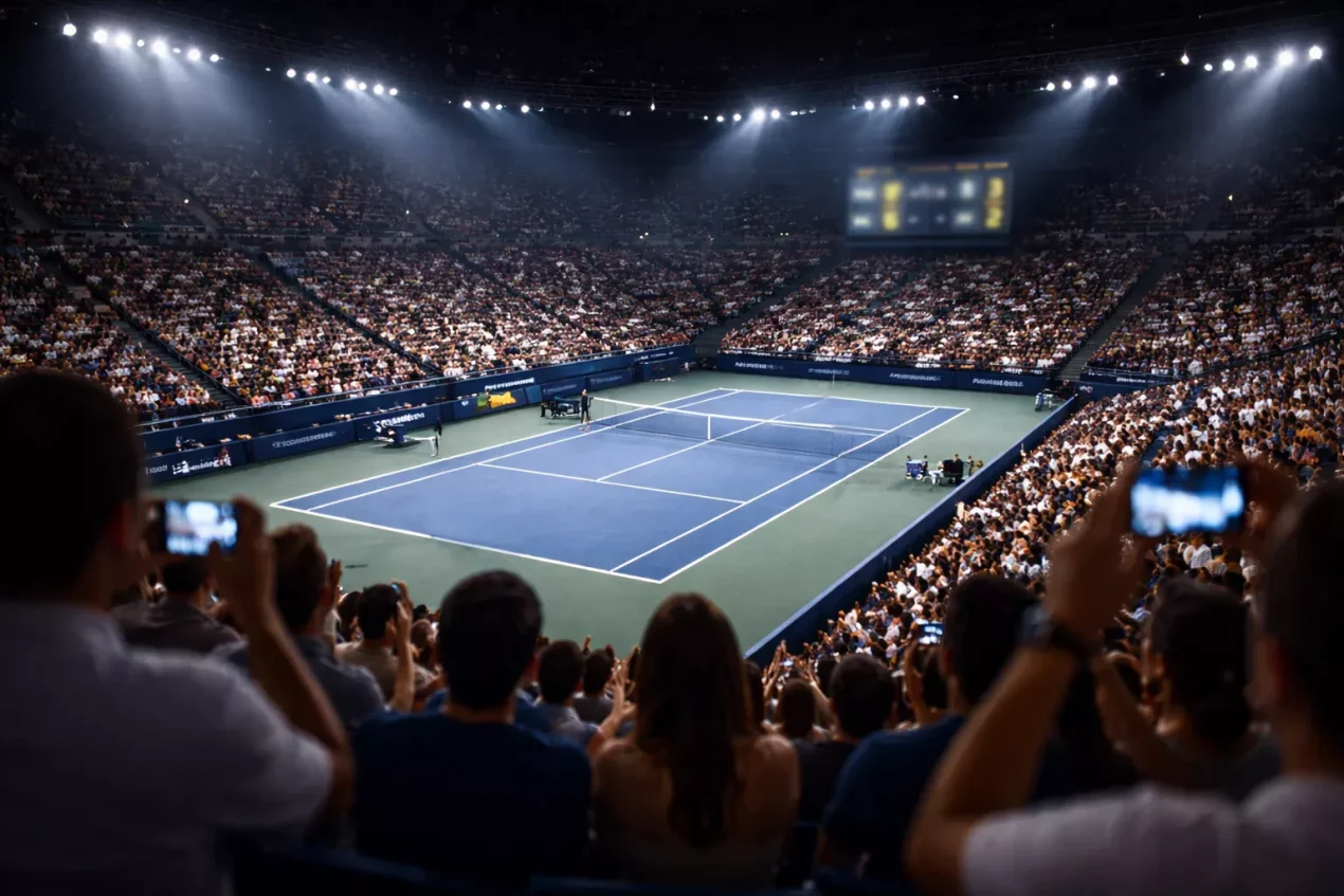 Partido de tenis en directo visto desde la grada con público animando