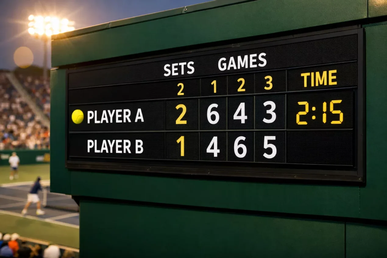 Marcador electrónico de un partido de tenis mostrando el resultado por sets