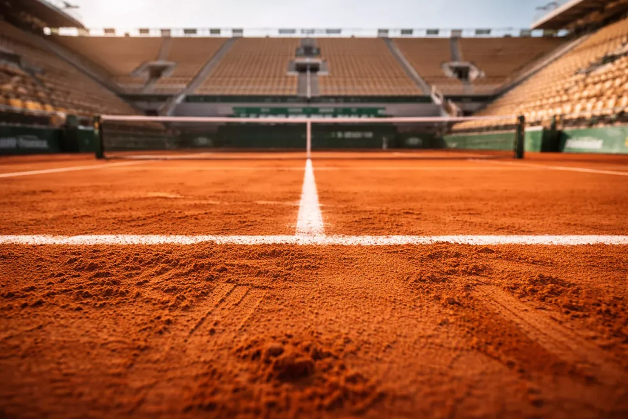 Pista de tierra batida de Roland Garros con las líneas blancas marcadas y la red al centro