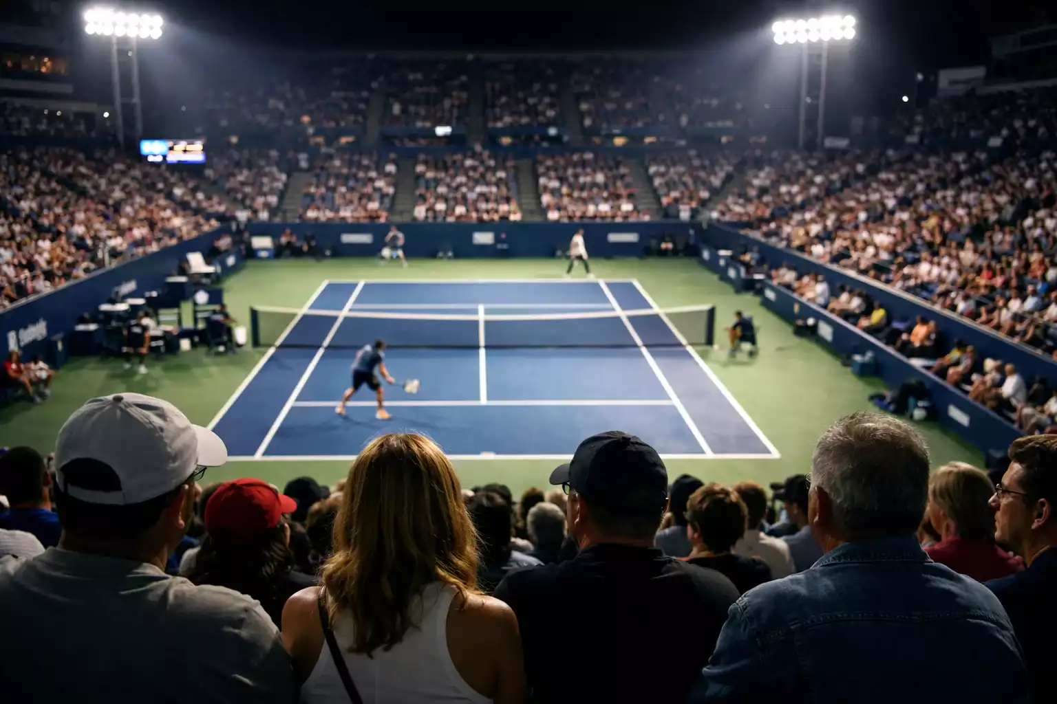 Partido de tenis en directo visto desde las gradas del estadio con espectadores