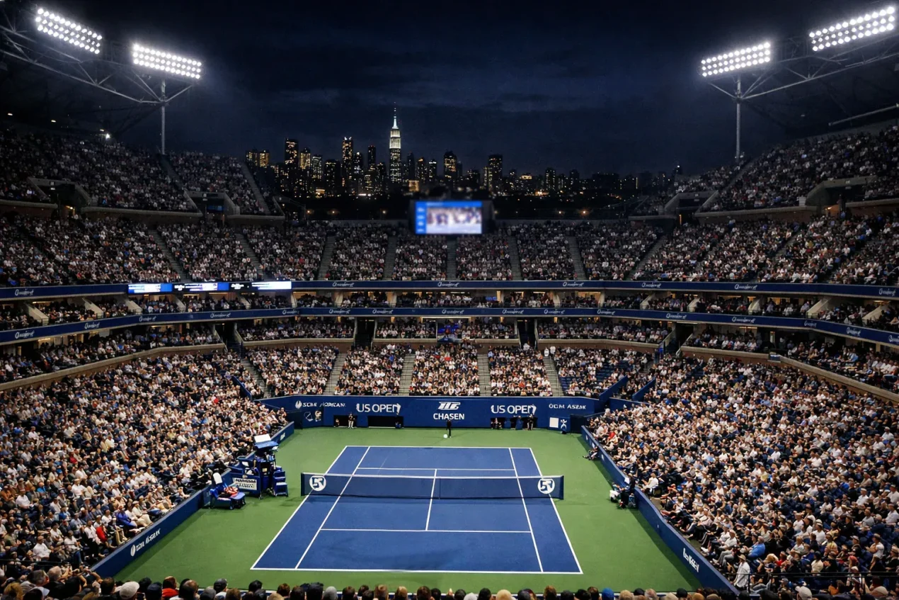 Estadio Arthur Ashe de noche con las luces encendidas y la pista dura iluminada