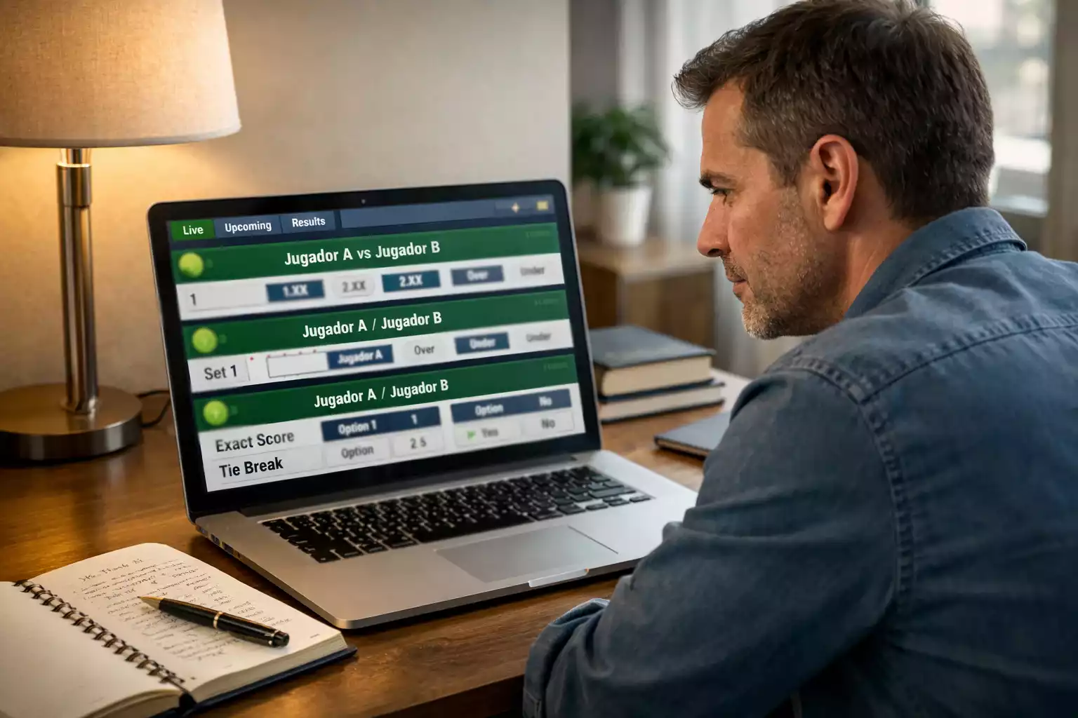 Persona analizando estadísticas de tenis en un portátil con gráficos de cuotas