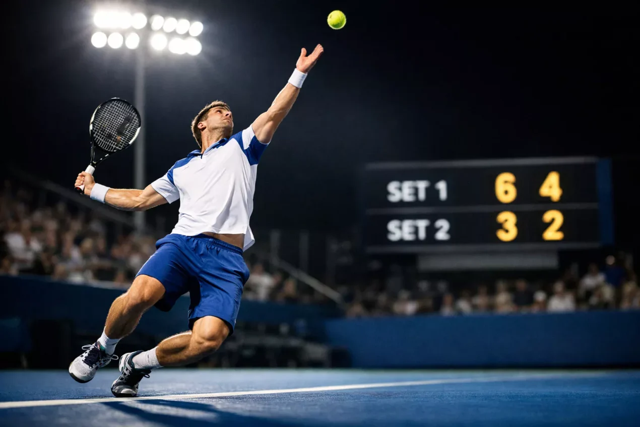 Jugador de tenis sirviendo en pista dura con marcador del partido visible al fondo
