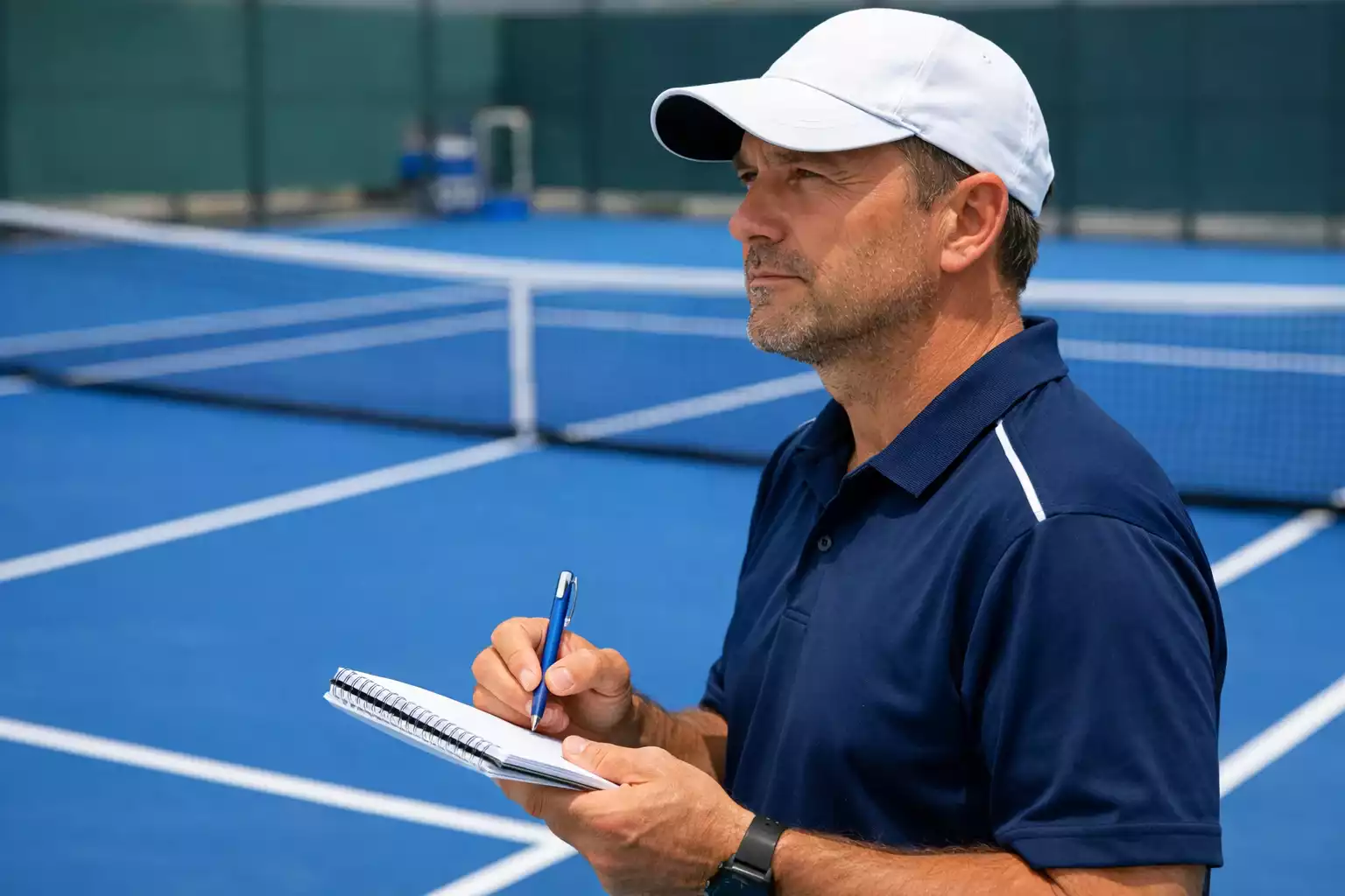 Entrenador de tenis analizando tácticas con bloc de notas junto a la pista