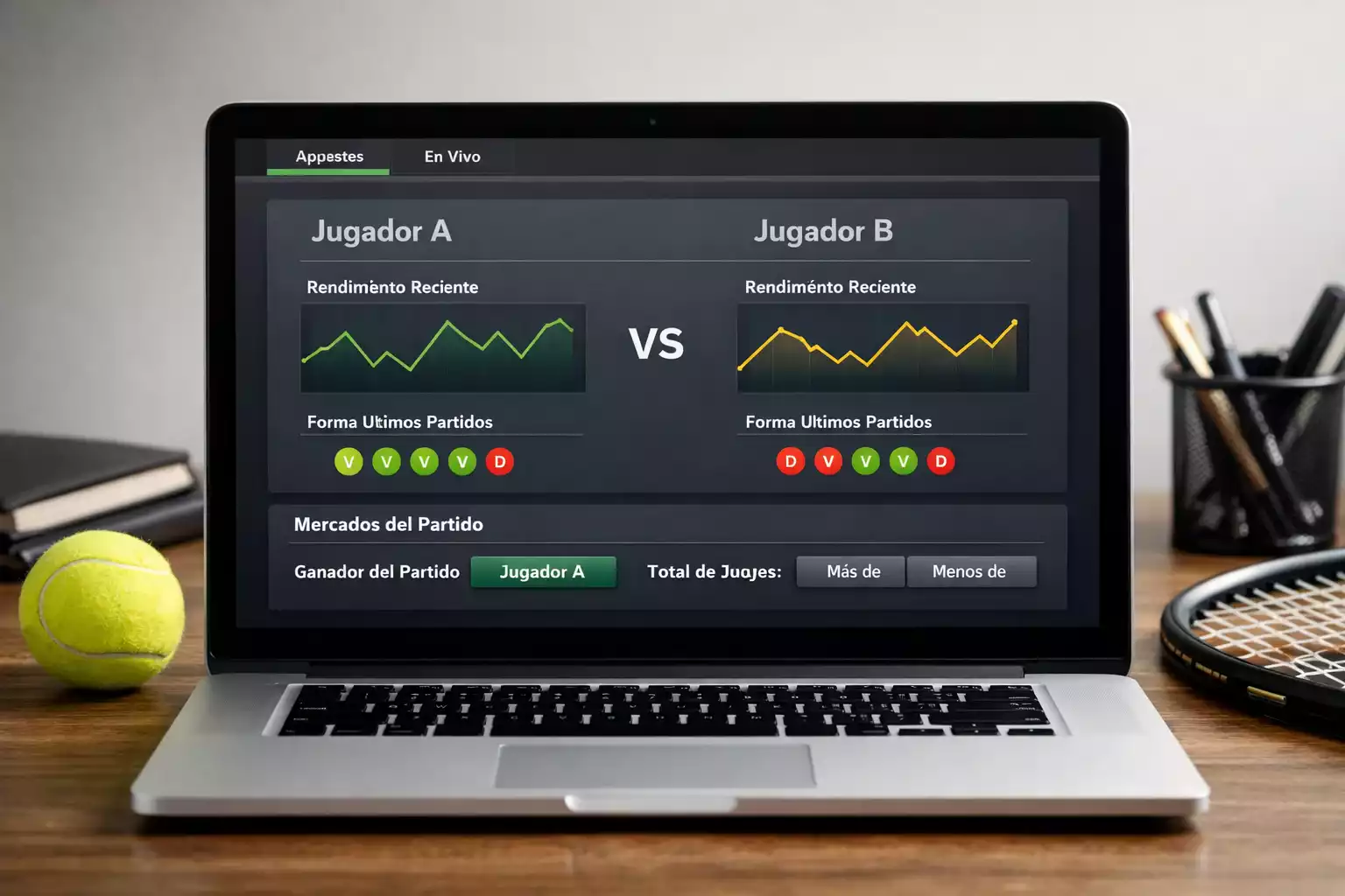 Pantalla con gráficos de estadísticas de rendimiento tenístico