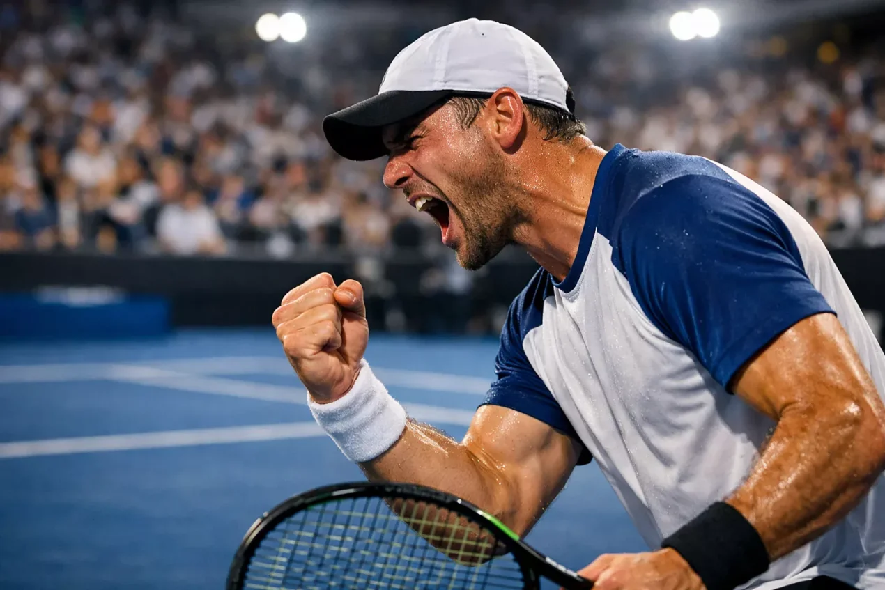 Jugador de tenis celebrando un punto decisivo con el puño cerrado en pista dura