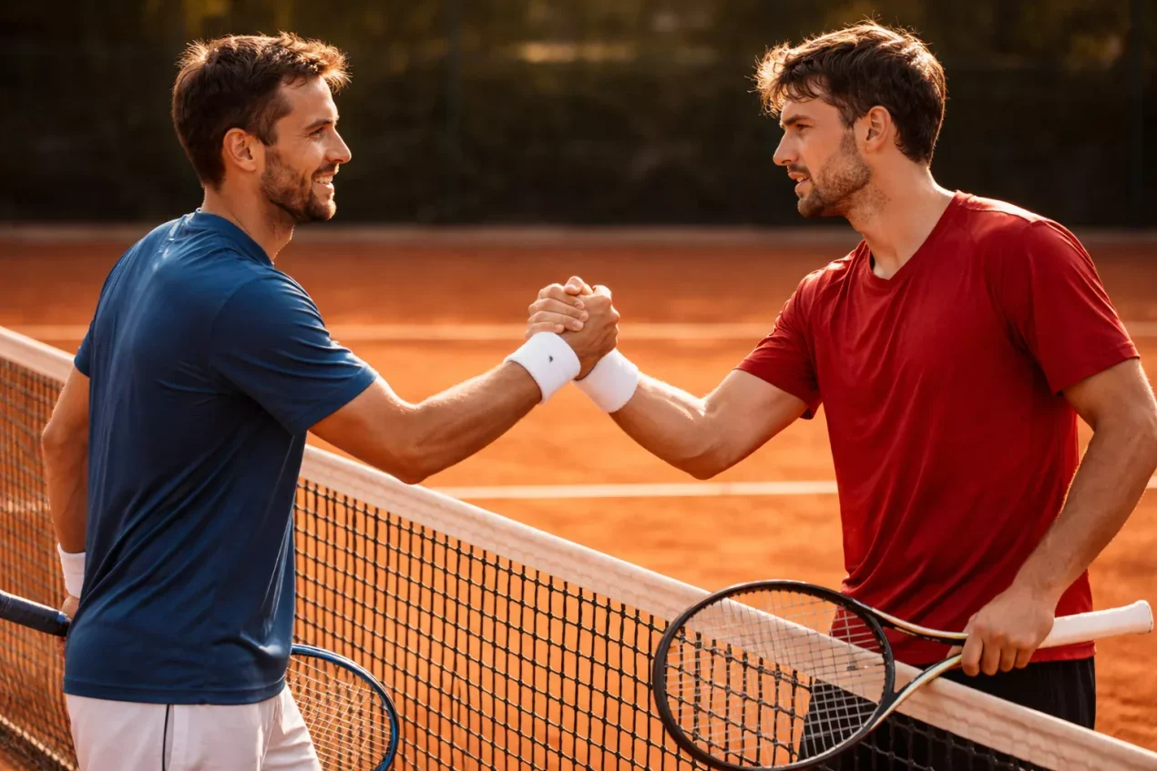 Dos jugadores de tenis estrechando la mano en la red después de un partido