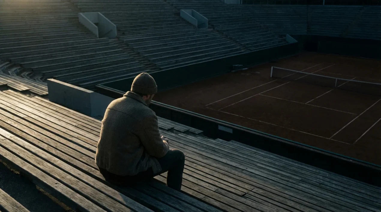 Persona reflexionando sentada en una grada vacía de un estadio de tenis