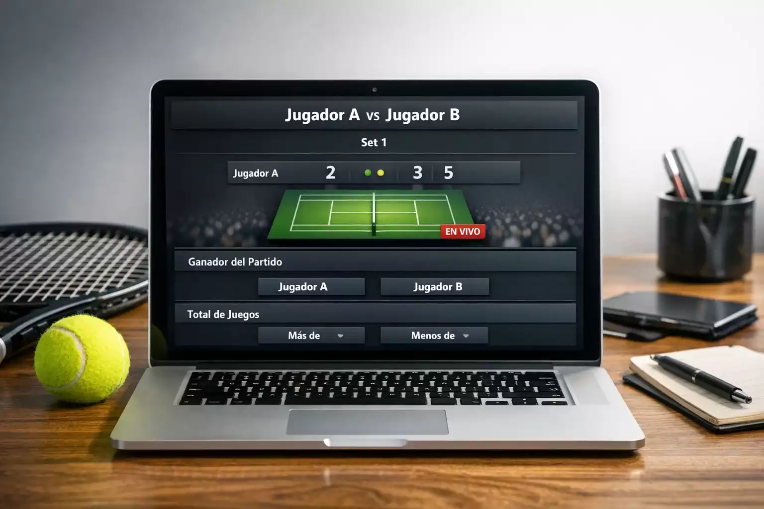 Laptop mostrando estadísticas en tiempo real de partido de tenis