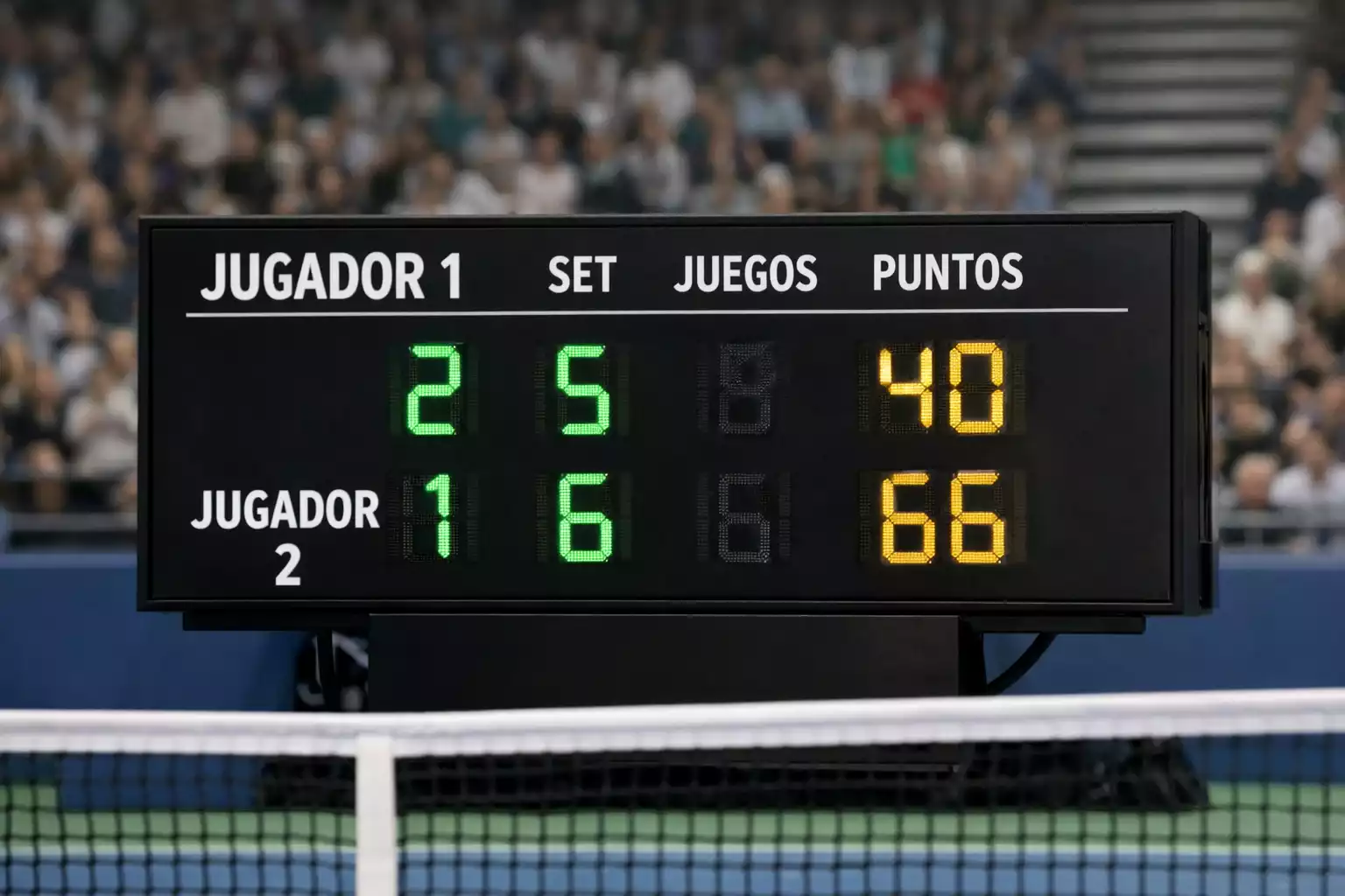 Marcador electrónico mostrando resultado de partido de tenis