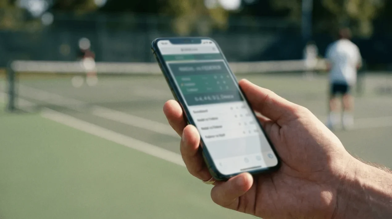 Mano sosteniendo un móvil con un partido de tenis en pantalla junto a una pista