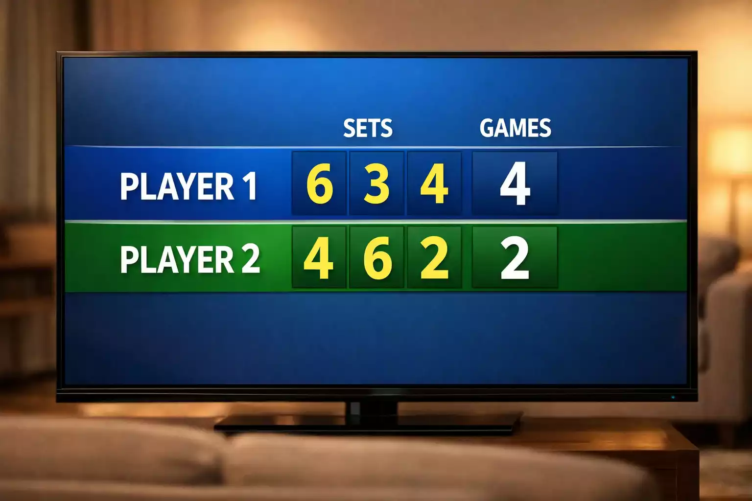 Marcador de partido de tenis mostrando sets y juegos en una pantalla