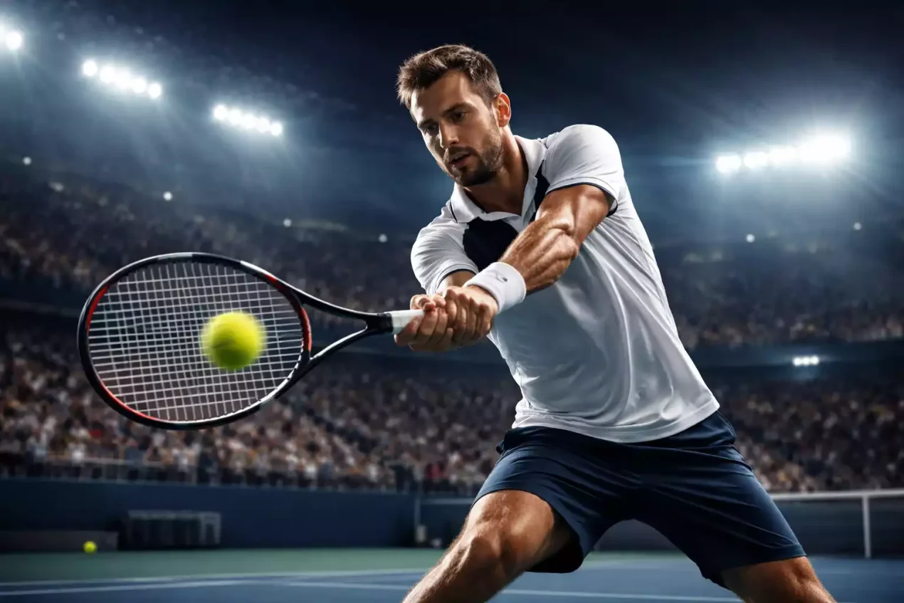 Partido de tenis nocturno con iluminación espectacular del estadio