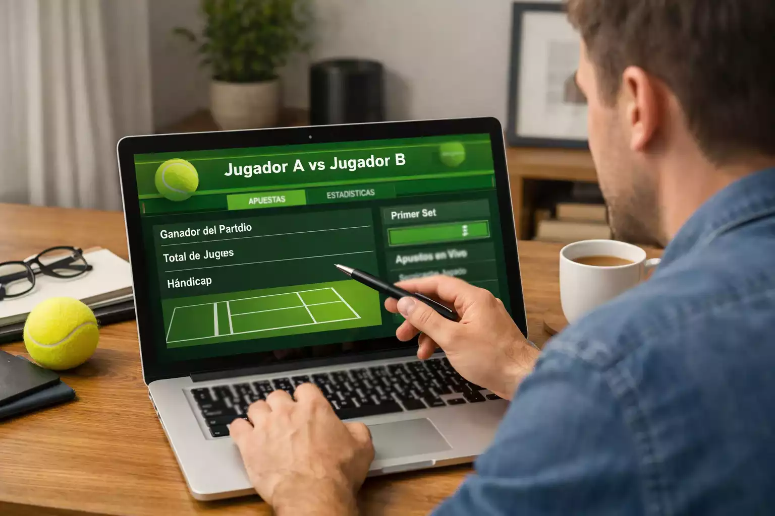 Persona analizando estadísticas de tenis en ordenador portátil