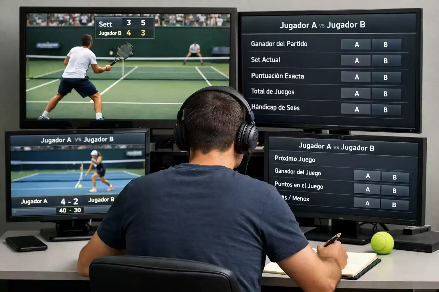Persona frente a múltiples pantallas siguiendo partidos de tenis