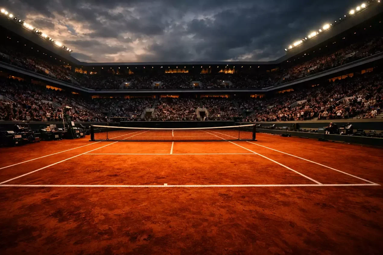 Vista panorámica de la pista central de Roland Garros con tierra batida rojiza