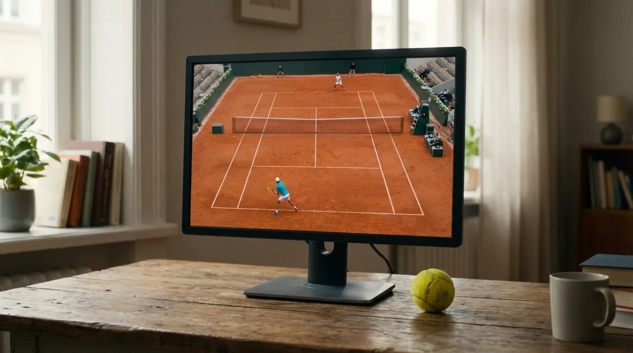 Pantalla de ordenador mostrando un partido de tenis en directo junto a una pista