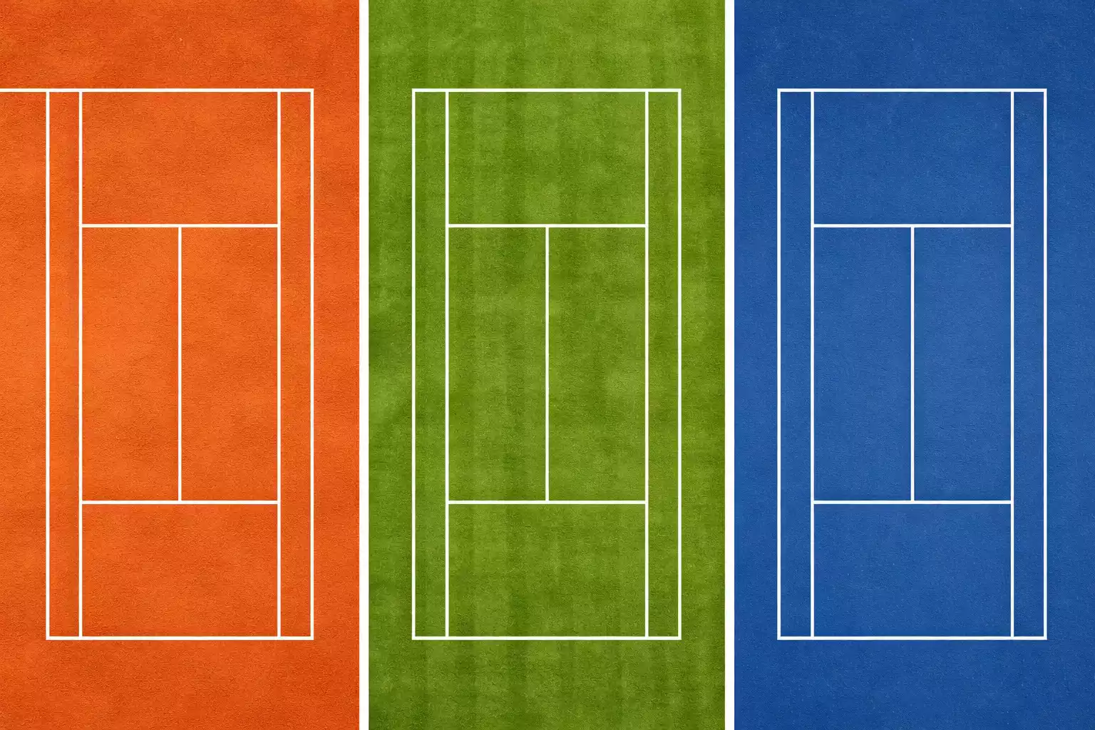 Vista dividida de las tres superficies de tenis: tierra batida, hierba y pista dura