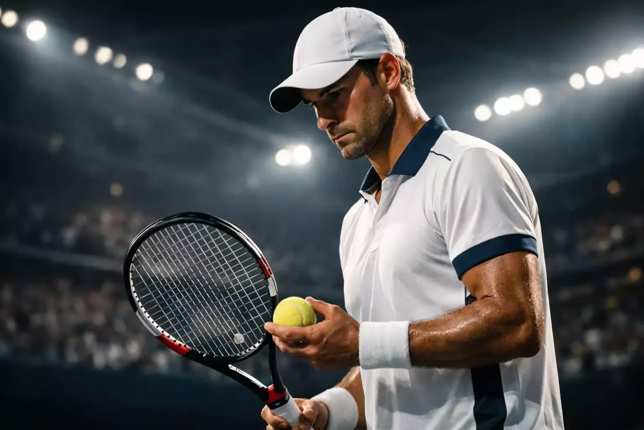 Tenista profesional concentrado antes de realizar el saque