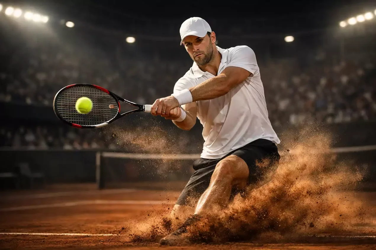 Tenista ejecutando golpe de derecha levantando polvo en tierra batida
