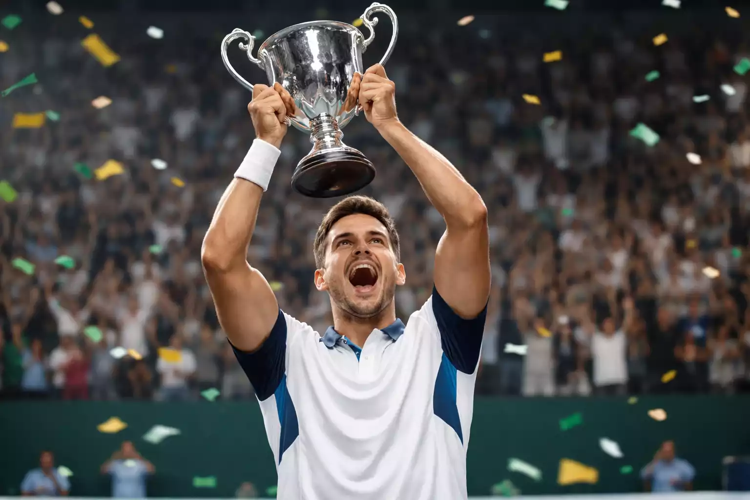 Tenista levantando trofeo de campeón tras victoria