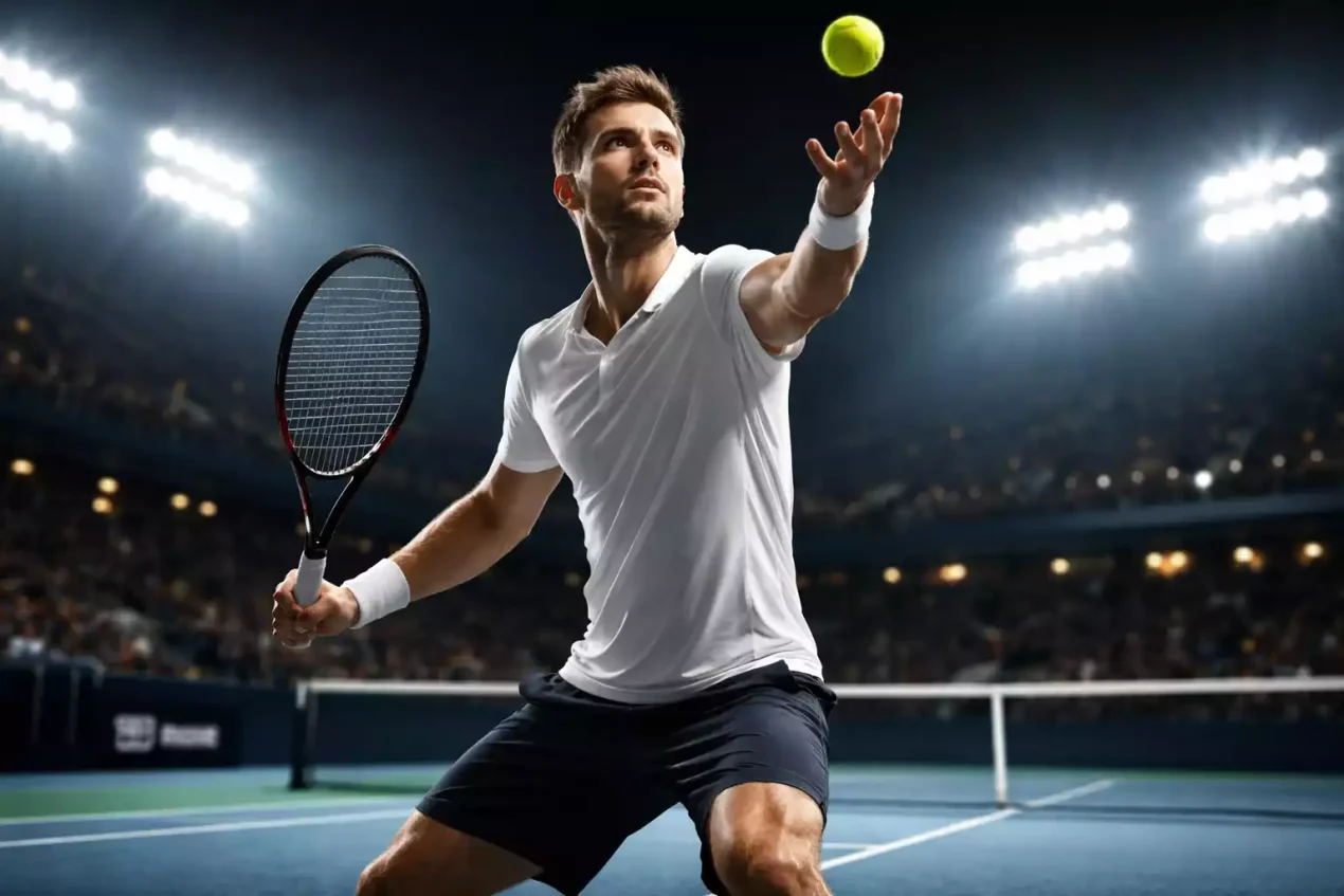 Tenista profesional preparando el servicio en pista dura bajo focos