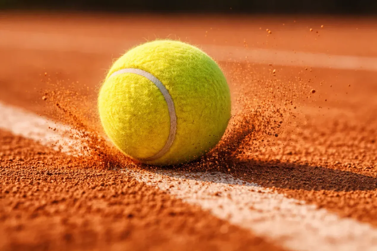 Pelota de tenis botando sobre la línea de una pista de tierra batida en primer plano