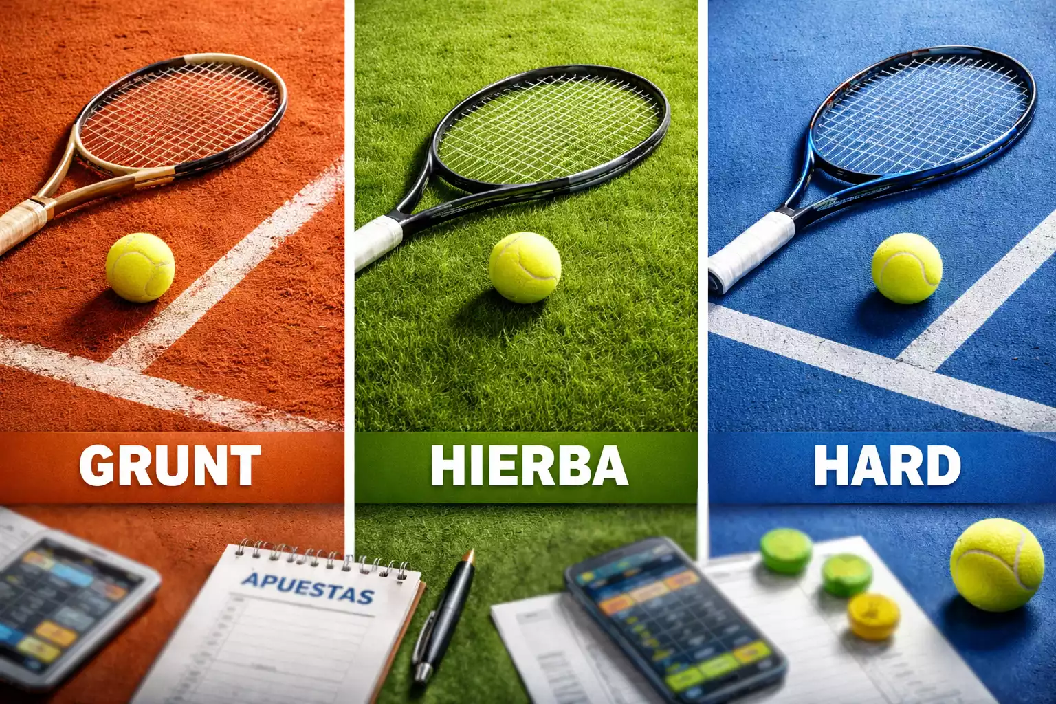 Comparativa visual de las tres superficies de tenis: tierra, hierba y pista dura